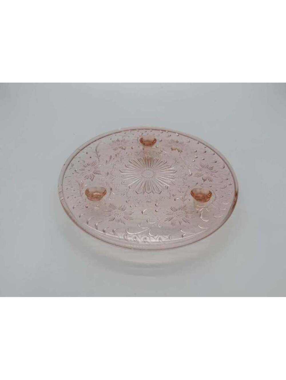 US Glass Shaggy Daisy Pink Depression Glass Footed Cake Plate 1930s